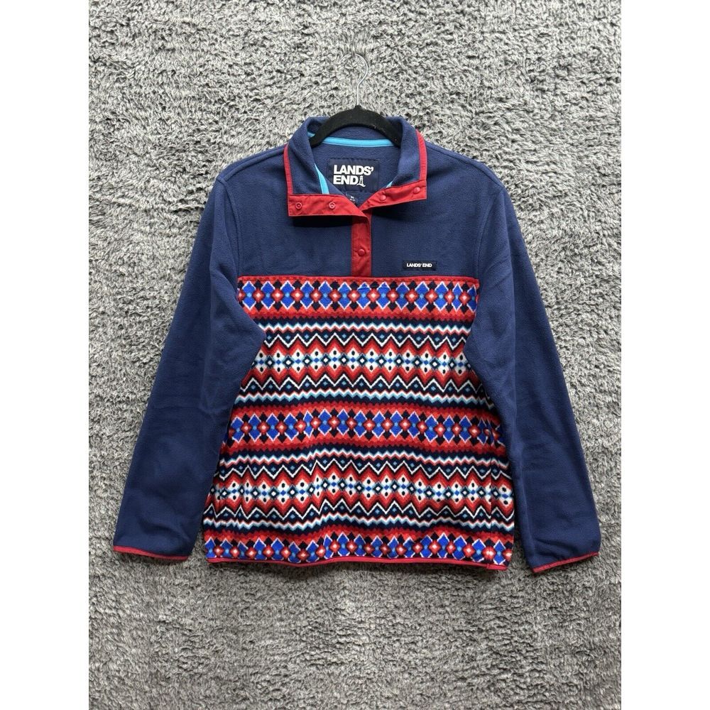 Land's End Fleece Blue Mock Snap Collar Southwestern Oeko-Tex 100 Women's‎ M NWT
